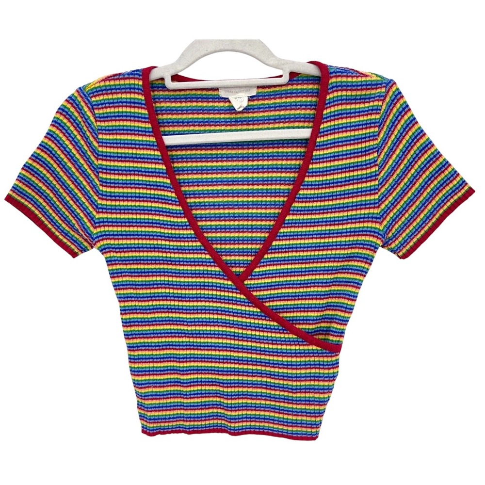 Urban Outfitters Rainbow Ribbed Faux Wrap Crop Top S-P Short Sleeve Striped